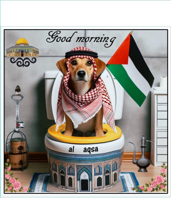 Create meme: a puppy on the toilet, a Muslim dog, the arab cat