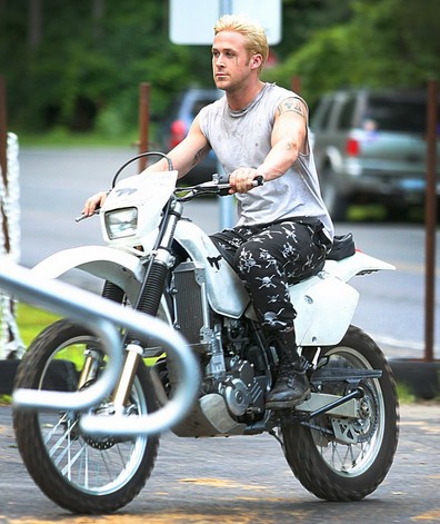 Create meme: Ryan Gosling on a motorcycle, Ryan Gosling biker, Ryan Gosling under the pines