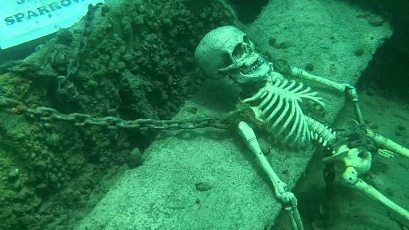 Create meme: skeletons in sunken ships, the skeleton at the bottom, findings under water