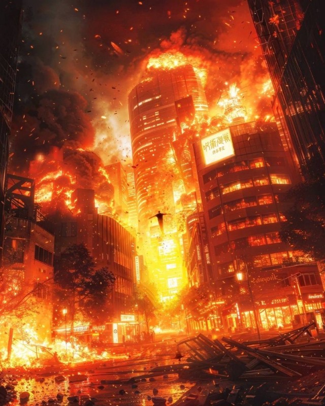 Create meme: the city is on fire, burning city, Dragon-like movie 2007