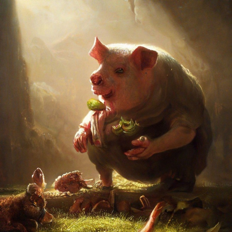 Создать мем: ведьмак свинья, счастливая свинья, свинья ест