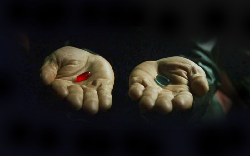 Create meme: red and blue pill, Morpheus two pills, morpheus red and blue pill