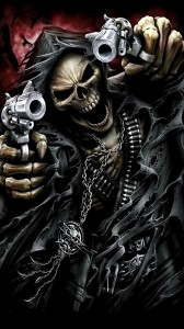 Create meme: darkness, skeleton with a gun, skeleton with a gun