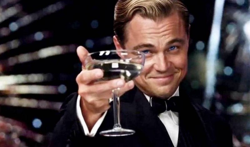Create meme: Leonardo DiCaprio meme with a glass of, DiCaprio Gatsby, Leonardo DiCaprio with a glass of