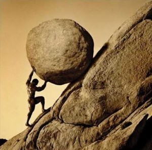 Create meme: a man rolls a stone uphill, sculpture of Sisyphus work 1534, Sisyphus