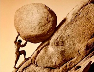 Create meme: a man pushes a stone uphill, sisyphus sculpture, willpower