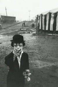 Create meme: Diane Arbus, the clown smokes, Diane Arbus circus