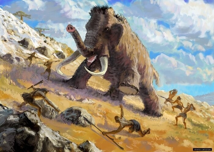 Create meme: prehistoric animals , the woolly mammoth , mammoth hunters