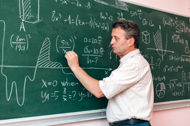 Create meme: teacher at the blackboard with mathematical formulas, teacher on the background of a blackboard with formulas, teacher at the blackboard