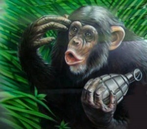 Создать мем: картина шимпанзе, обезьяна с гранатой, картина обезьяны