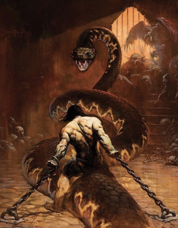 Create meme: Frazetta Frank, Frank Frazetta Conan, Conan the Barbarian vs the Serpent