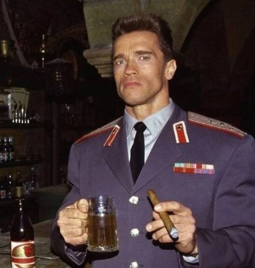 Create meme: Arnold Schwarzenegger , Arnold Schwarzenegger with beer, a frame from the movie