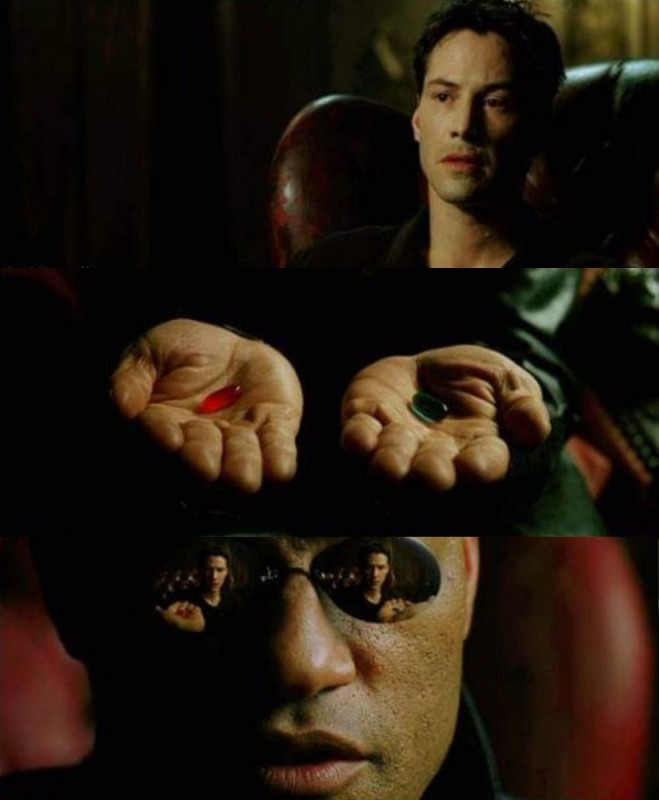 Create meme: Morpheus , matrix choice pill, Morpheus 2 tablets