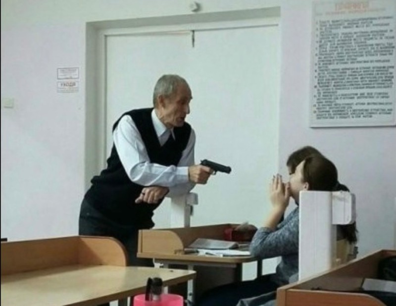 Create meme: school jokes, for the exam, a teacher with a machine gun at school