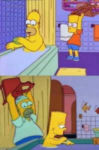 Create meme: bart simpson, Homer Bart chair, bart hits homer with a chair