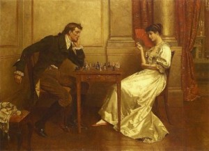 Создать мем: Парень и девушка играют в шахматы