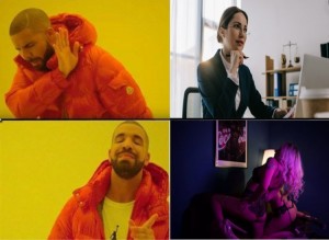 Create meme: Drake in the orange jacket, meme with a black man in the orange jacket, the meme with the guy in the orange jacket