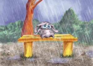Создать мем: под дождем, грустный дождик, зайчик на скамейке