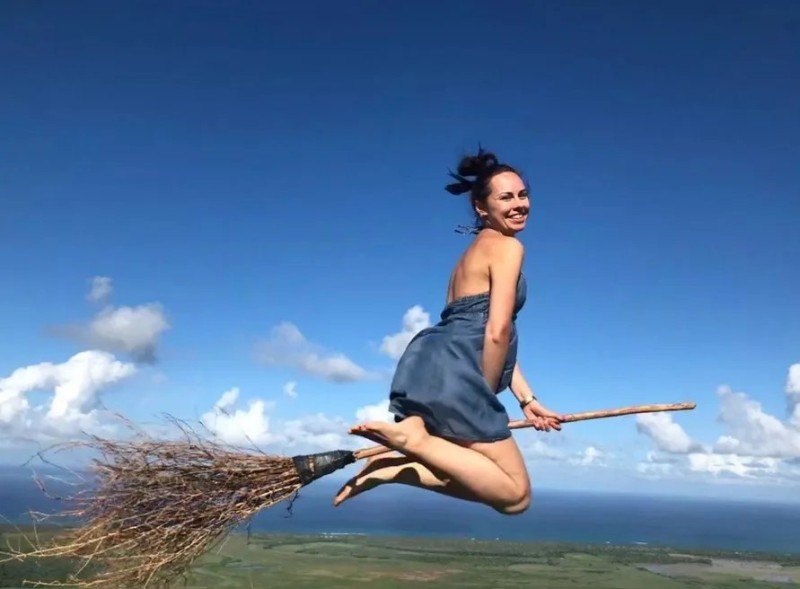 Create meme: the girl on the broomstick, a woman on a broomstick, flying on a broom