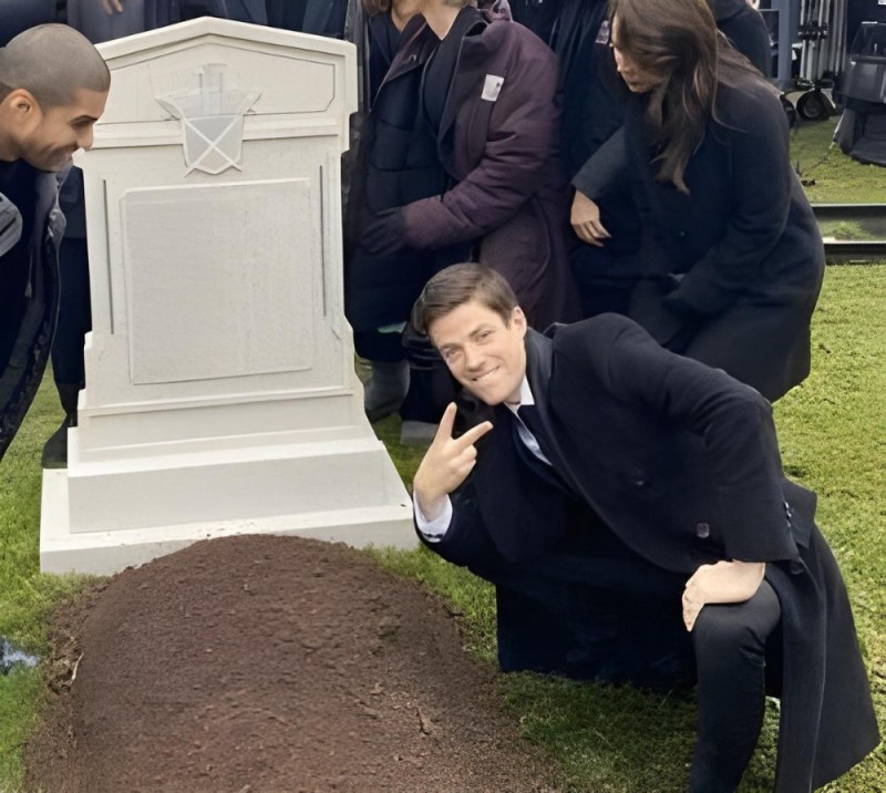 Create meme: Grant Gustin at the grave, Umbrella Academy Ben's funeral, The meme at the grave