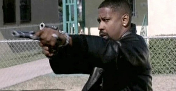 Create meme: a frame from the movie, denzel washington training day, Denzel Washington's training day with pistols