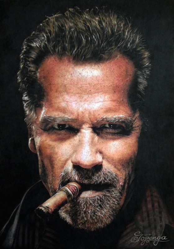 Create meme: arnold schwarzenegger portrait, Schwarzenegger with a cigar, Arnold with a cigar