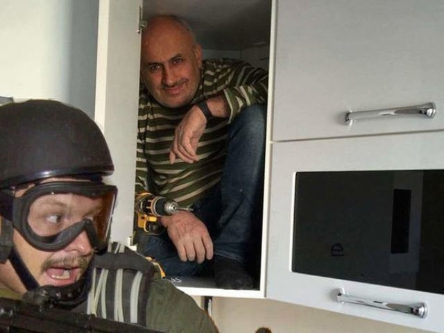 Create meme: meme SWAT, the man is hiding in the closet, a man hides in a closet from special forces