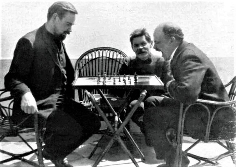 Create meme: Lenin and Gorky on Capri, Vladimir Ilyich Lenin , Bogdanov Gorky and Lenin play chess 1908