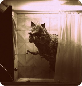 Create meme: shower curtain, Dinosaur in the shower