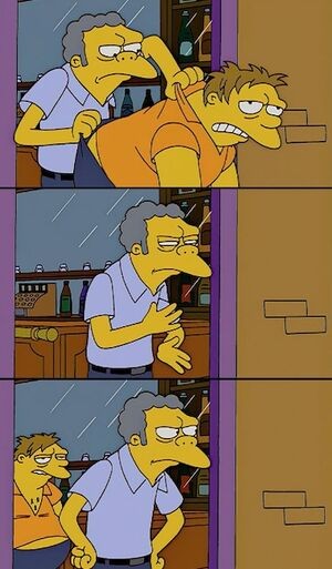 Create meme: meme of the simpsons mo eject from the bar, The Simpsons is thrown out of the bar, The Simpsons Mo and Barney