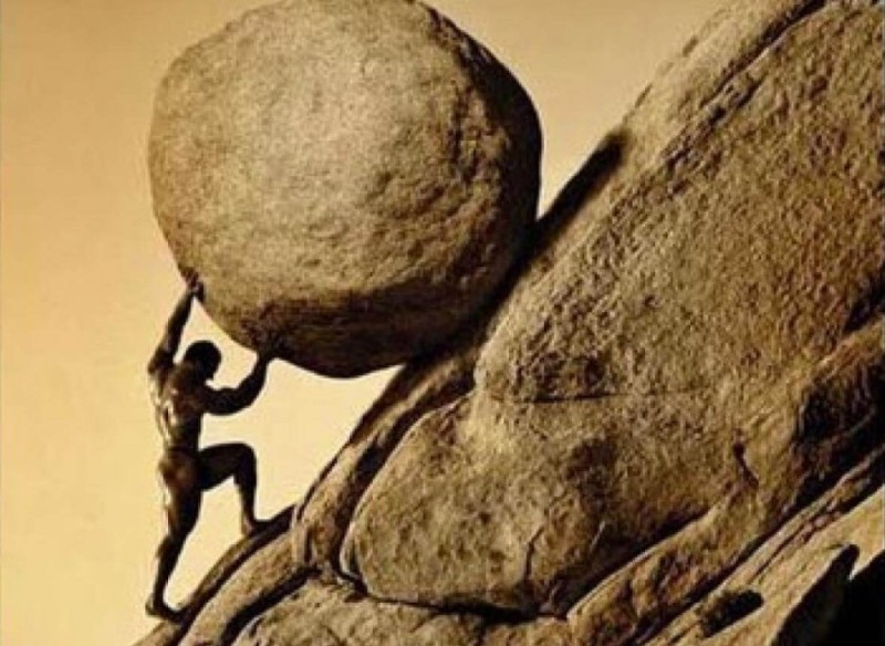 Create meme: Sisyphus, the myth of sisyphus, a man pushes a stone uphill