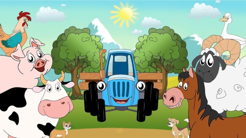 Создать мем: синий трактор везет животных, веселая ферма. синий трактор, синий трактор по полям по полям