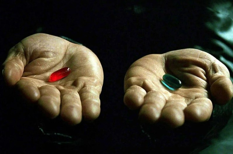 Создать мем: красную или синюю таблетку, мем красная и синяя таблетка, морфеус таблетки