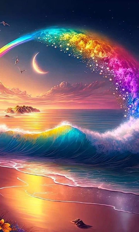 Create meme: rainbow at sunset, rainbow over the sea, bright and colorful landscapes with the moon