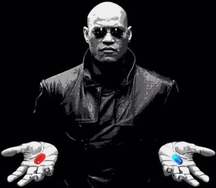 Create meme: matrix Morpheus, red and blue pill, Morpheus two pills