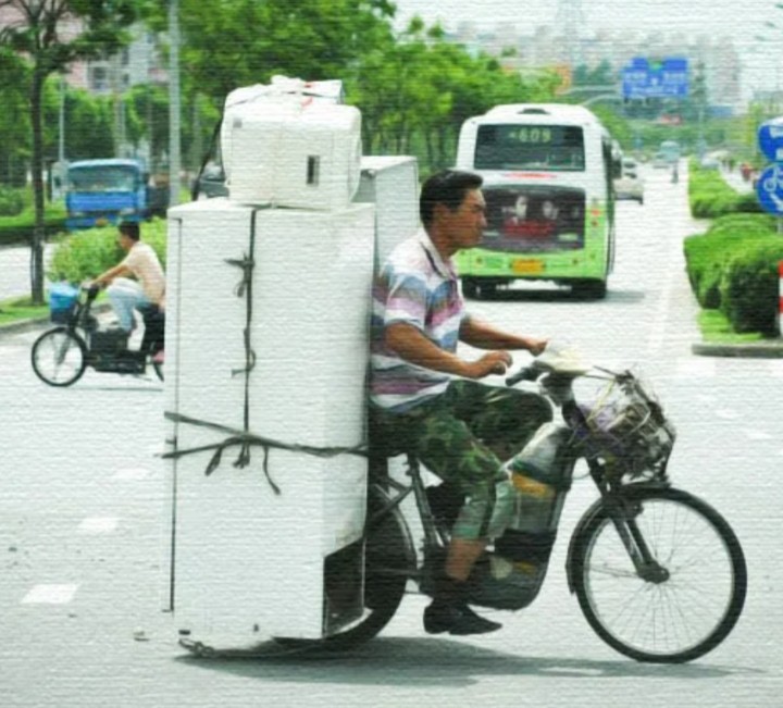 Create meme: refrigerator on a bicycle, refrigerator transportation, moped 