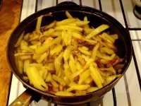 Create meme: pasta with chicken and mushrooms, fries in the pan, potatoes