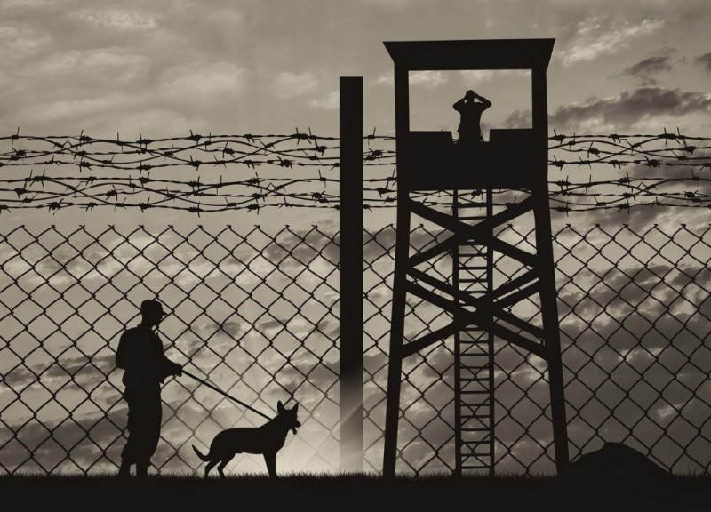 Create meme: The silhouette of a border guard, prison tower, silhouettes of border guards at the border