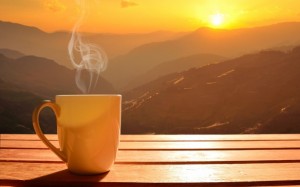 Create meme: morning coffee in the mountains pictures, guitar the morning sun coffee, two cups of coffee at sunset