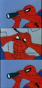 Create meme: spider-man shows spider-man, Spiderman meme binoculars, Spiderman meme