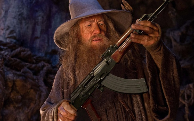 Create meme: Gandalf with a gun, Gandalf with AK 47, Gandalf 