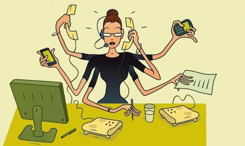 Create meme: Workaholic drawing, multi -armed woman, caricatures of office workers