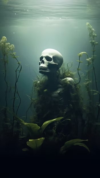 Create meme: The skeleton meme under water, the skeleton under water, A skeleton at the bottom of the sea