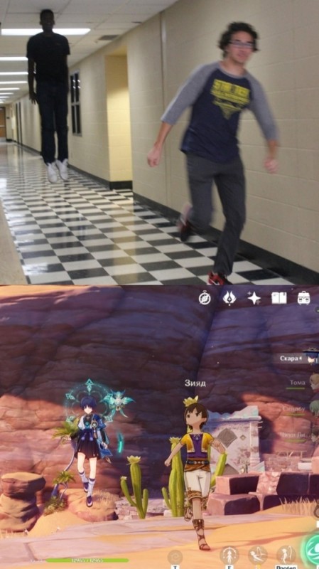 Create meme: genshin impact game, levitating guy meme, run away from the meme in the hallway
