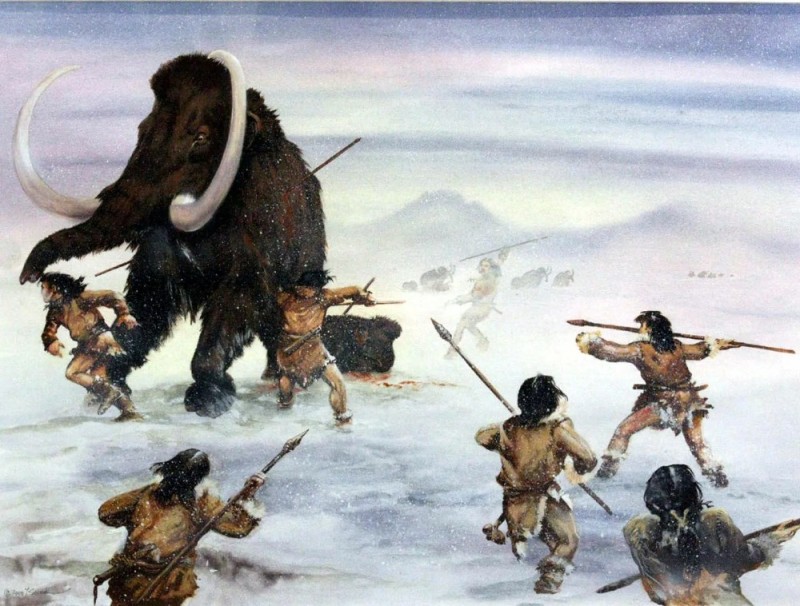 Create meme: hunting mammoths of primitive people, Homo sapiens hunters and gatherers, Cenozoic era anthropogen