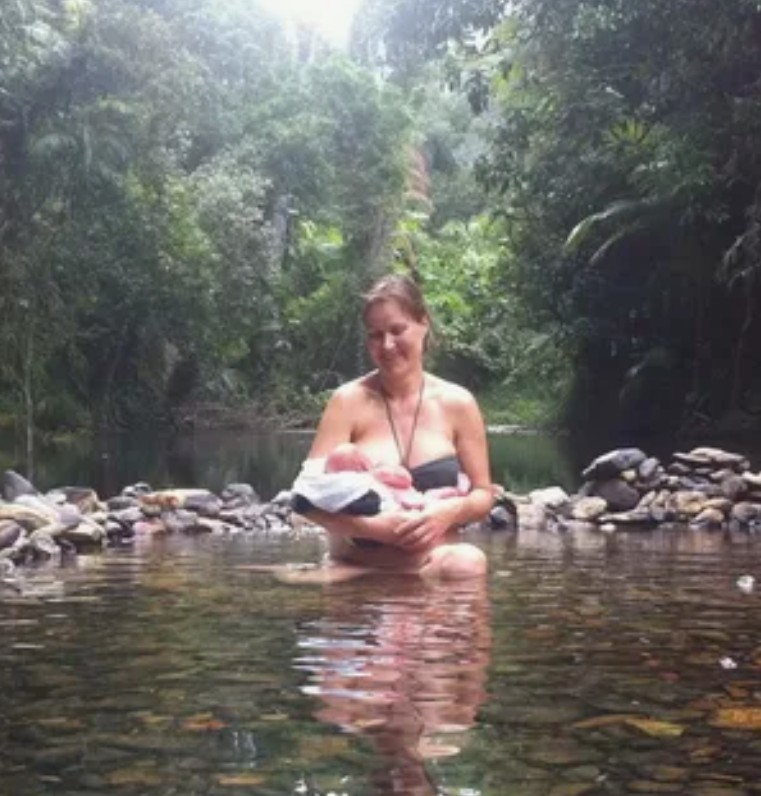 Create meme: a woman gives birth in nature, girl , the river