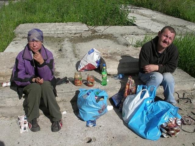 Create meme: bomzhikh, a bum and a hobo, homeless people in the trash