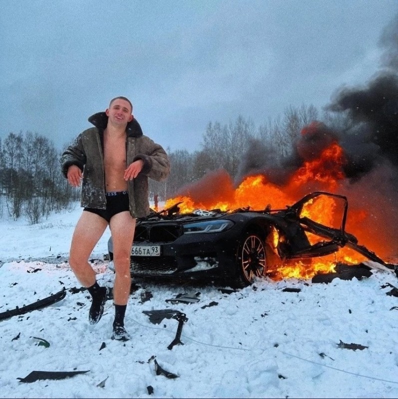 Create meme: Litvin blew up a BMW, Mikhail Litvin bmw m8, Litvin burned the BMW