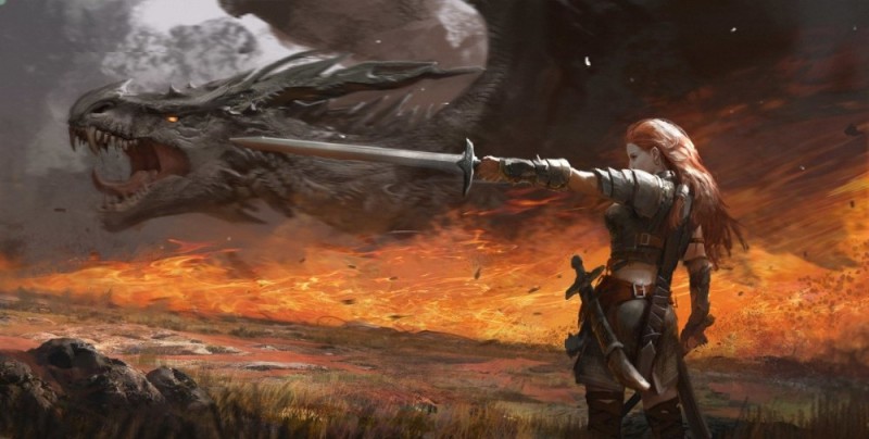 Создать мем: воин с мечом, воин с мечом арт, рыцарь против дракона