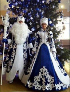 Create meme: suit of the snow maiden, Santa Claus and snow maiden on the house, a costume of father frost and snow maiden